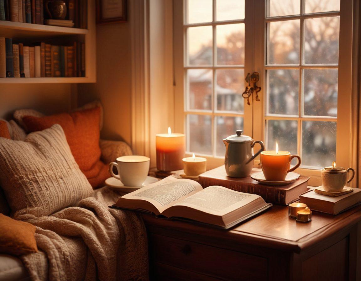 A cozy reading nook filled with vintage books, two friends sharing a heartfelt moment over an open novel, warm ambient light streaming in through a window, soft plush cushions around, and a cup of tea resting on a small side table. The scene conveys warmth, connection, and love for literature. super-realistic. warm colors. cozy atmosphere.