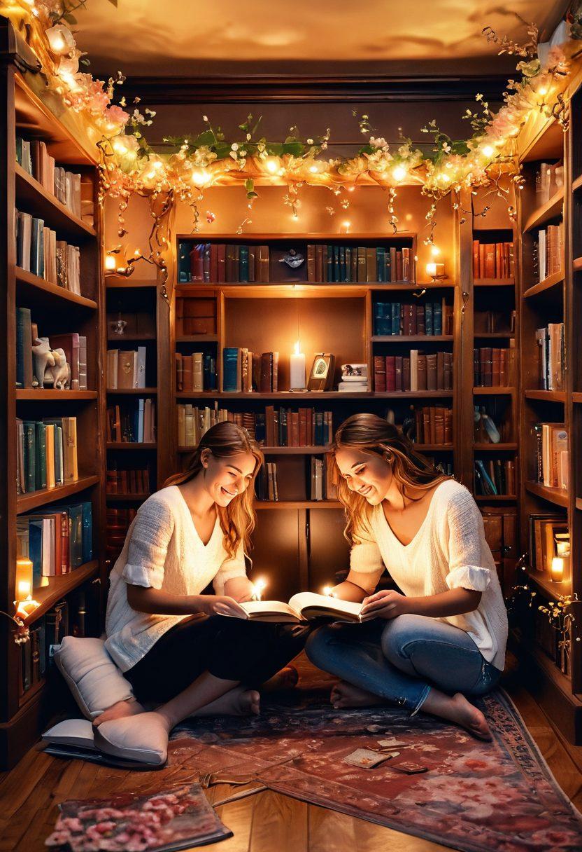 An enchanting library scene featuring two readers sitting across from each other, books open and sharing laughter. A warm, golden glow surrounds them, symbolizing connection, with whimsical vines and cherry blossoms intertwining around the shelves. A romantic atmosphere highlighted by soft candles and cushions scattered on the floor. super-realistic. vibrant colors. cozy ambiance.