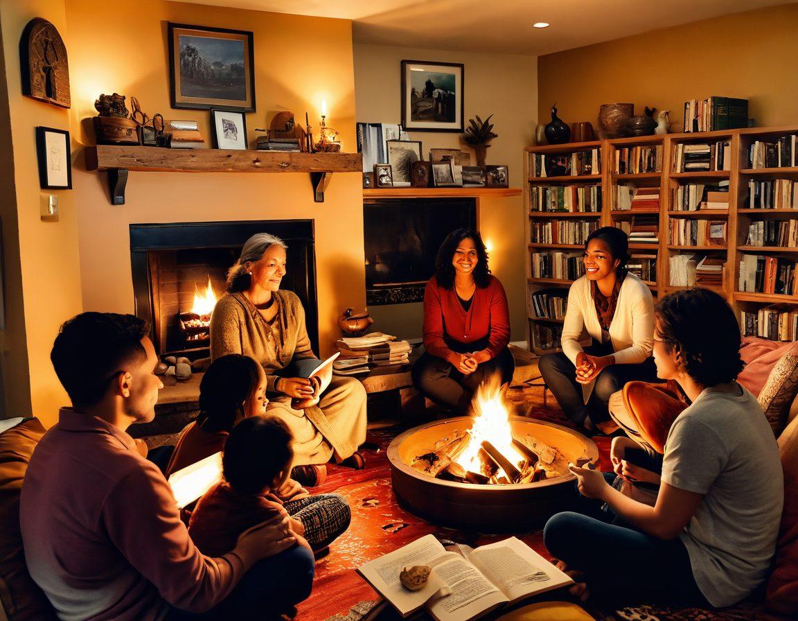 A cozy gathering of diverse individuals sitting in a circle, sharing books and stories around a warm fire. The room is adorned with eclectic decor representing various cultures, and soft, ambient lighting creates an inviting atmosphere. Each person is animatedly expressing their thoughts, with expressions of joy and connection. Nearby, shelves filled with books and personal artifacts symbolize the beauty of shared experiences. painterly style. warm colors. inviting ambiance.